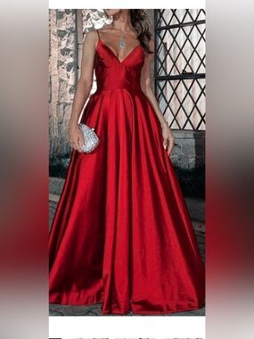 Betsy & Adam Prom Red Satin spaghetti strap gown 0P